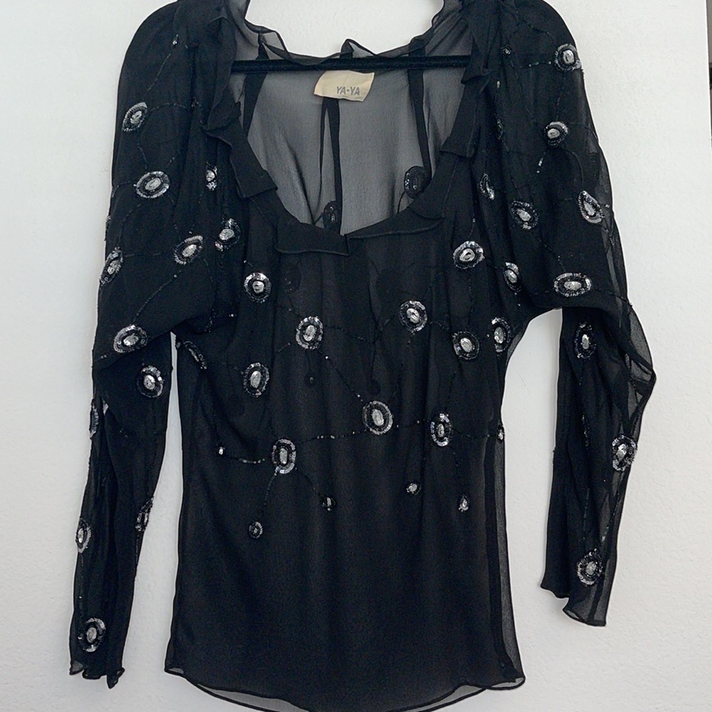 YA-YA Black embellished delicate sheer blouse S M